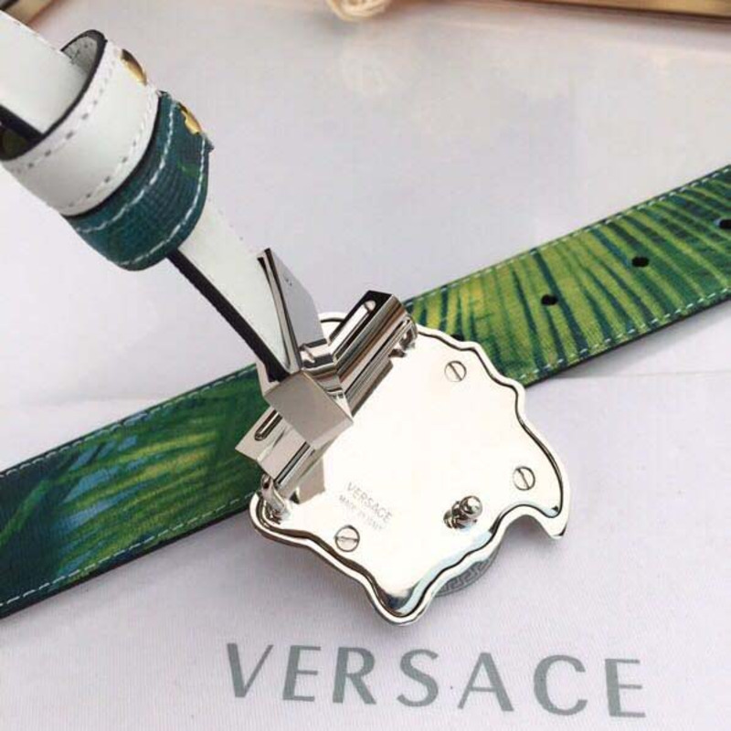 Versace Head Leather Green Belt With Silver Buckle