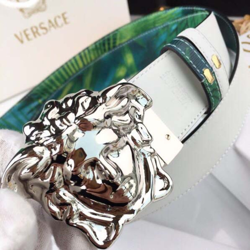 Versace Head Leather Green Belt With Silver Buckle