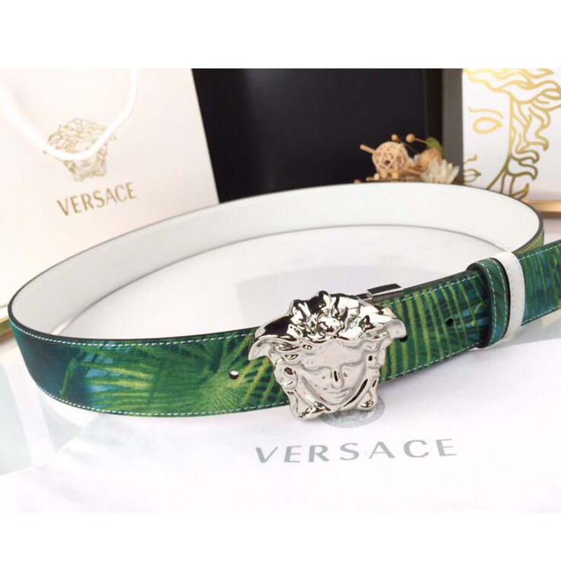 Versace Head Leather Green Belt With Silver Buckle