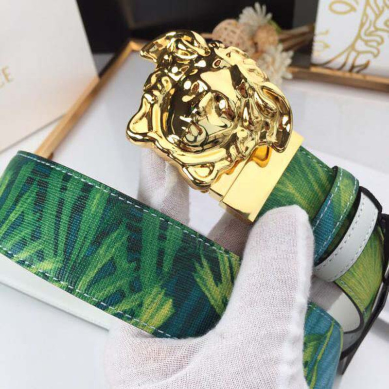 Versace Head Leather Green Belt With Gold Buckle