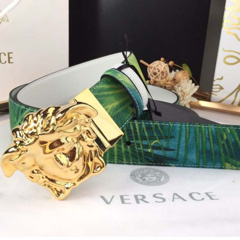 Versace Head Leather Green Belt With Gold Buckle