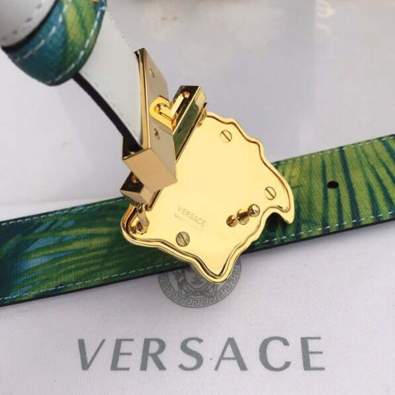 Versace Head Leather Green Belt With Gold Buckle