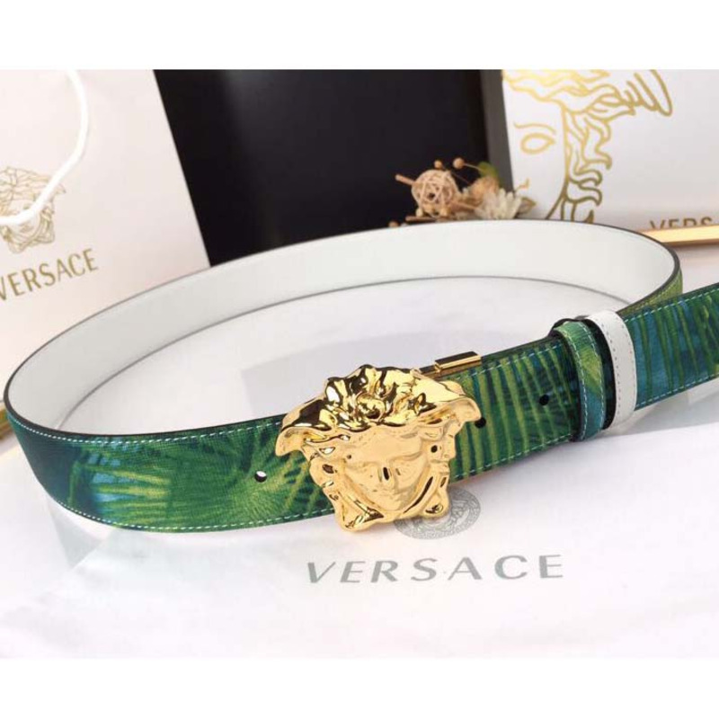 Versace Head Leather Green Belt With Gold Buckle