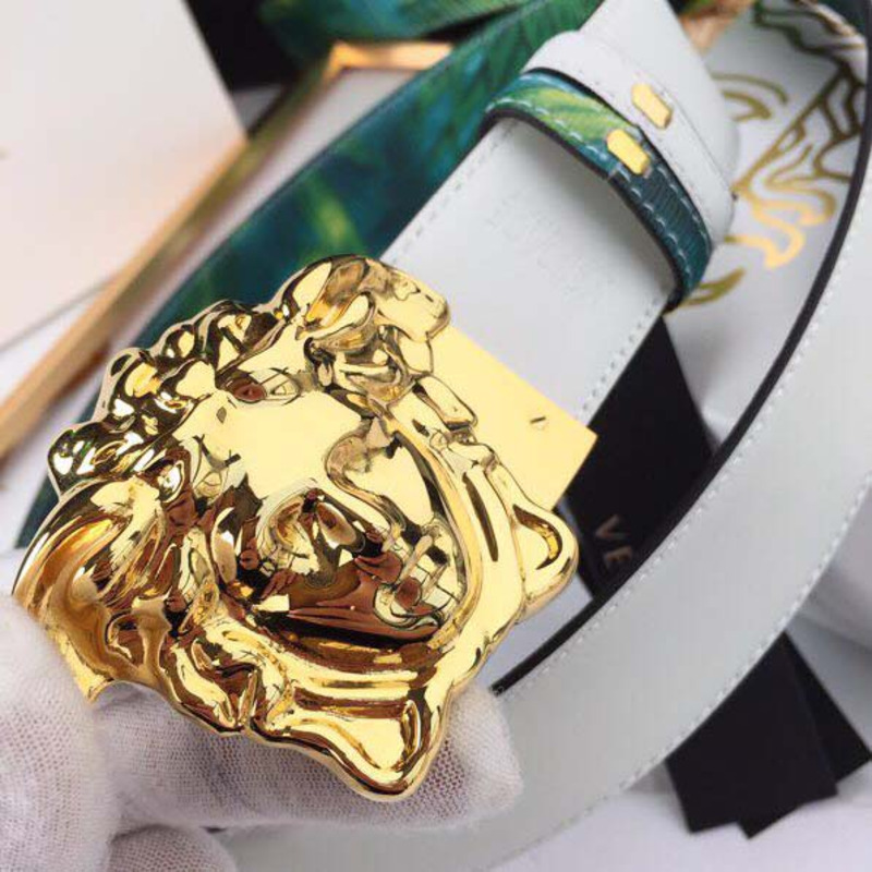 Versace Head Leather Green Belt With Gold Buckle