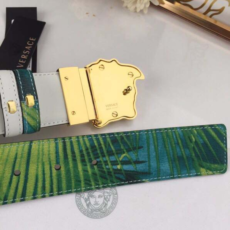 Versace Head Leather Green Belt With Gold Buckle