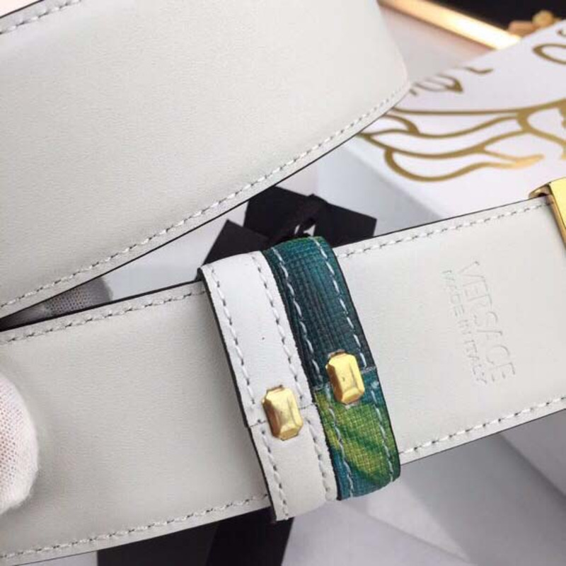 Versace Head Leather Green Belt With Gold Buckle