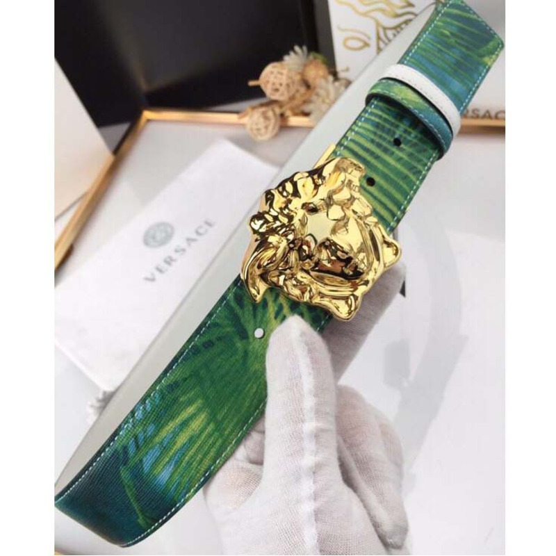 Versace Head Leather Green Belt With Gold Buckle