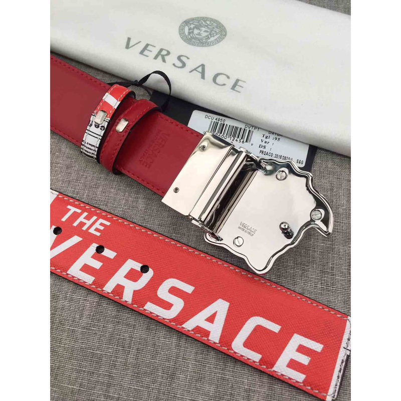 Versace Tabloid Print Reversible Palazzo Belt with Silver Buckle