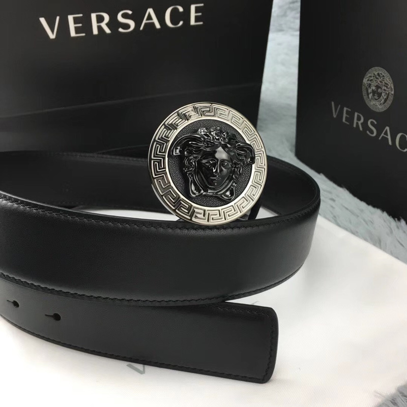 Versace Medusa Greca Leather Belt in Black and Silver Buckle