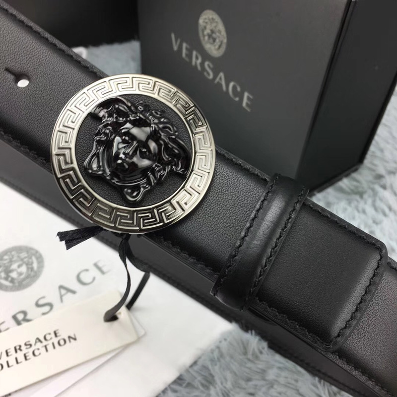 Versace Medusa Greca Leather Belt in Black and Silver Buckle