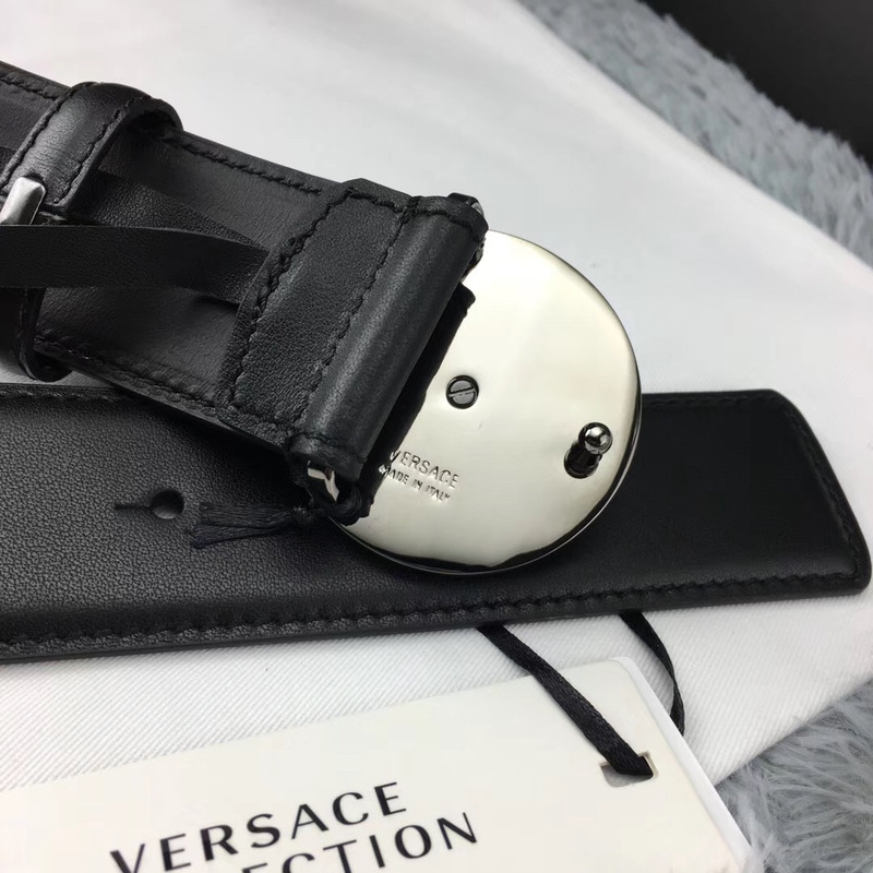 Versace Medusa Greca Leather Belt in Black and Silver Buckle