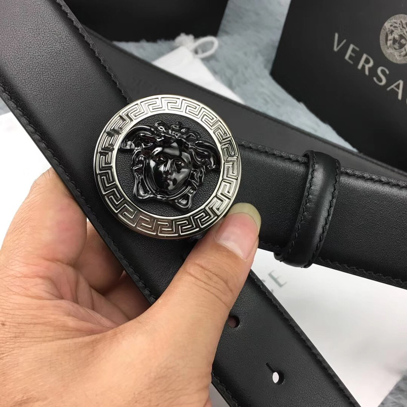 Versace Medusa Greca Leather Belt in Black and Silver Buckle