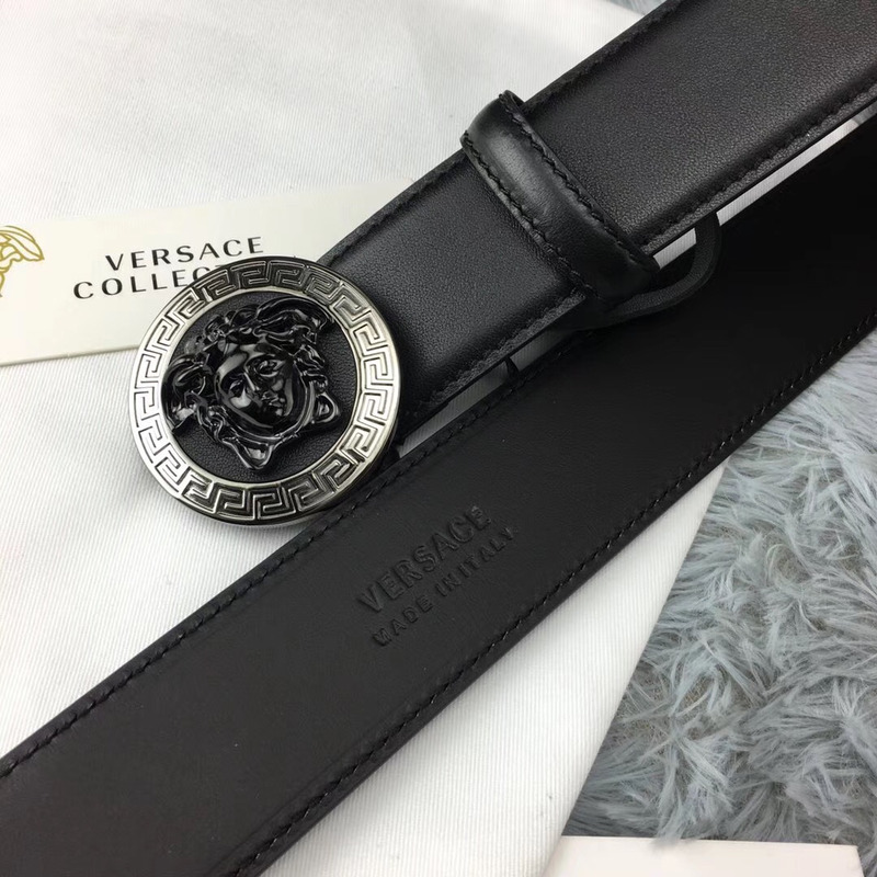 Versace Medusa Greca Leather Belt in Black and Silver Buckle