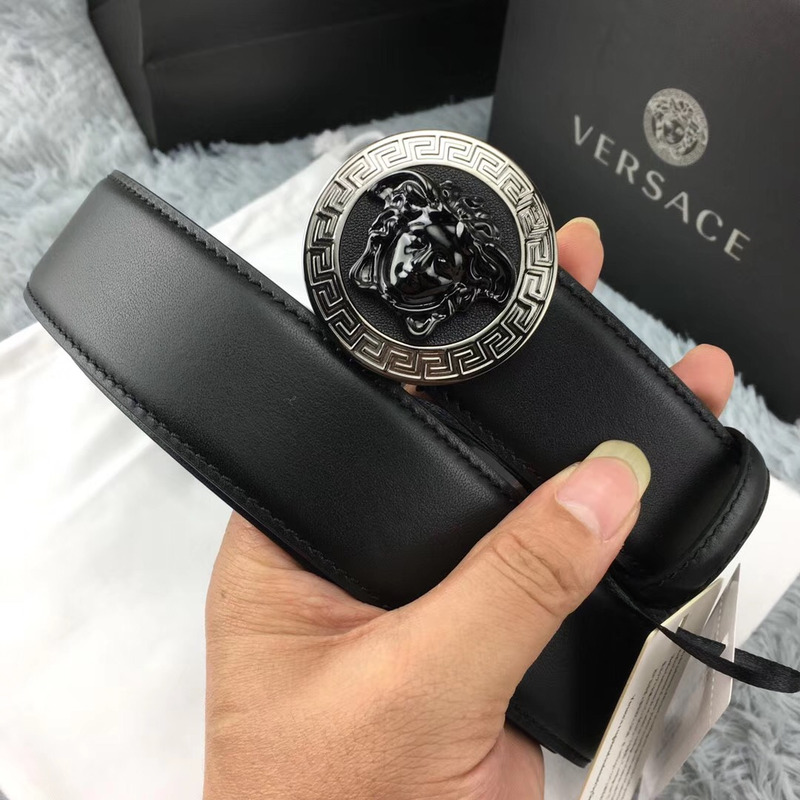 Versace Medusa Greca Leather Belt in Black and Silver Buckle