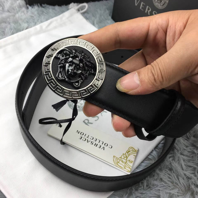 Versace Medusa Greca Leather Belt in Black and Silver Buckle