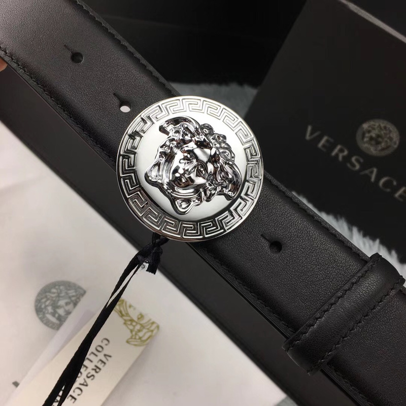 Versace Classic Medusa Leather Belt in Silver Buckle