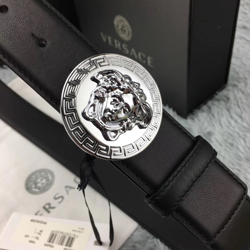 Versace Classic Medusa Leather Belt in Silver Buckle