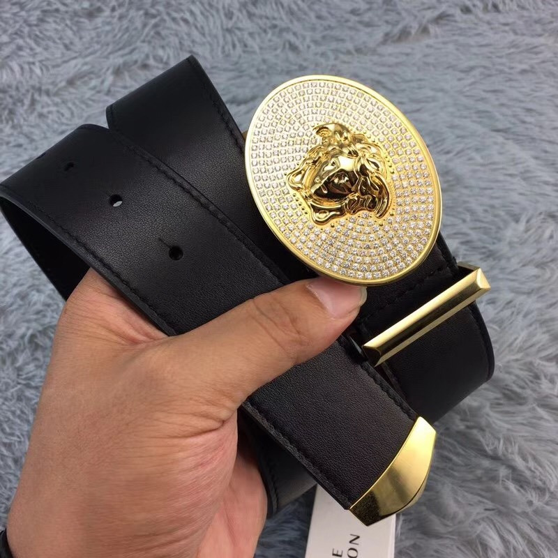 Versace Crystal Medusa Head Leather Belt in Golden Buckle