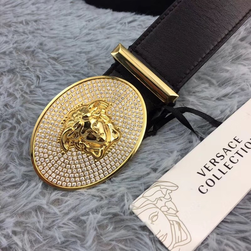 Versace Crystal Medusa Head Leather Belt in Golden Buckle