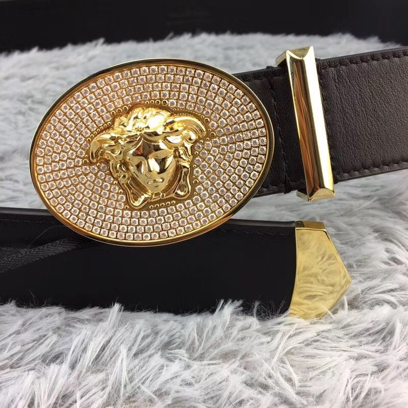 Versace Crystal Medusa Head Leather Belt in Golden Buckle