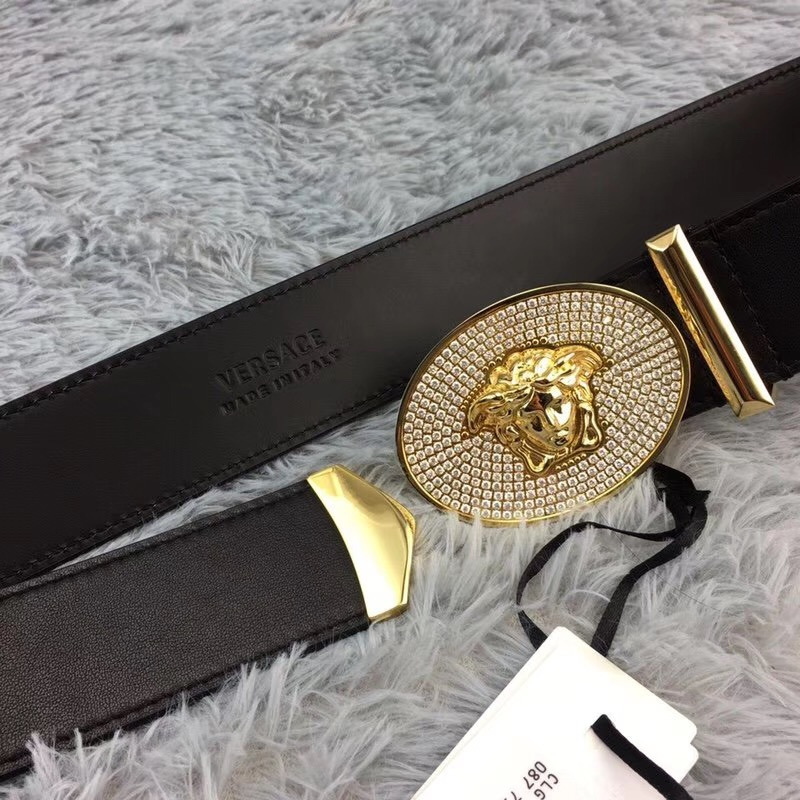 Versace Crystal Medusa Head Leather Belt in Golden Buckle