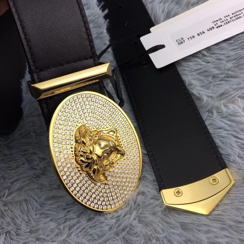 Versace Crystal Medusa Head Leather Belt in Golden Buckle