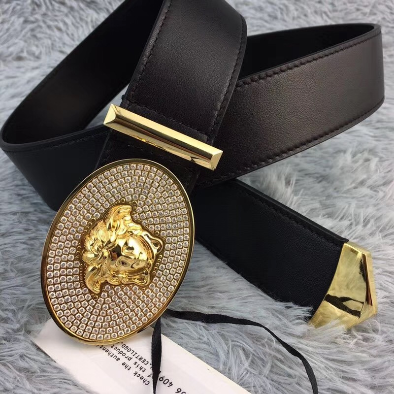 Versace Crystal Medusa Head Leather Belt in Golden Buckle