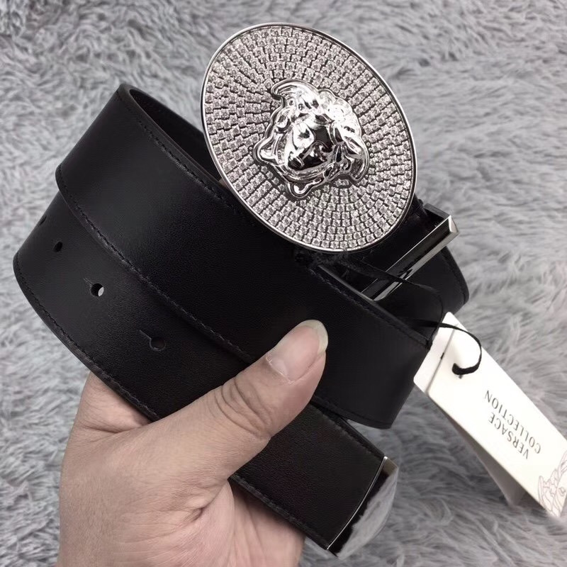 Versace Crystal Medusa Head Leather Belt in Silver Buckle