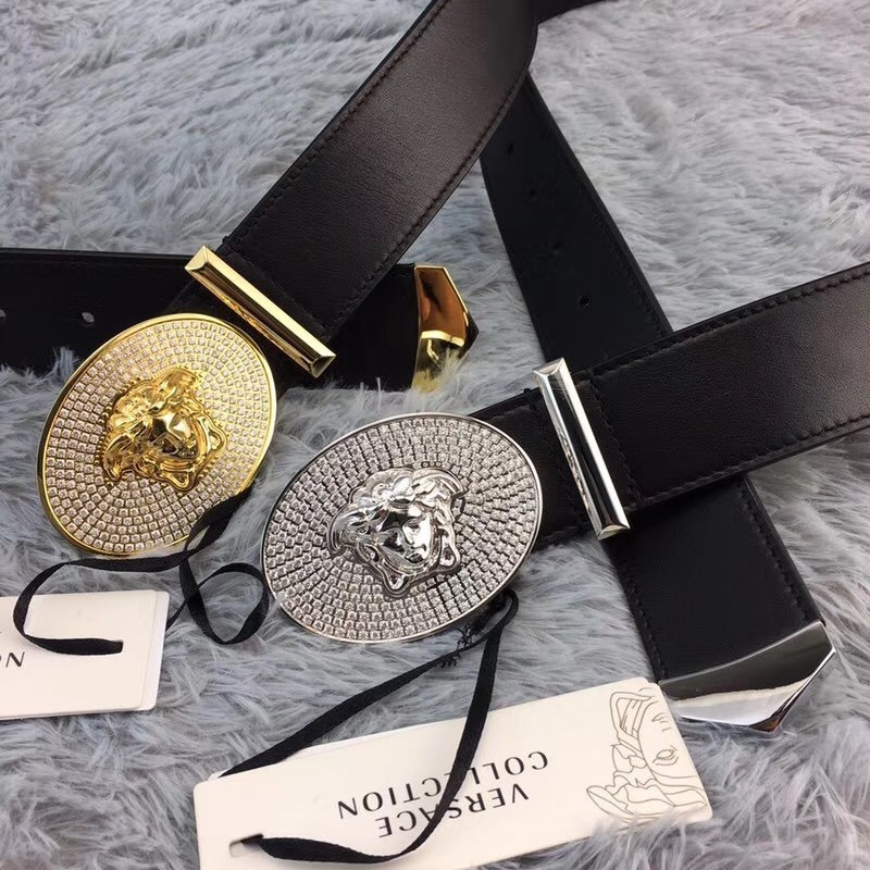 Versace Crystal Medusa Head Leather Belt in Silver Buckle