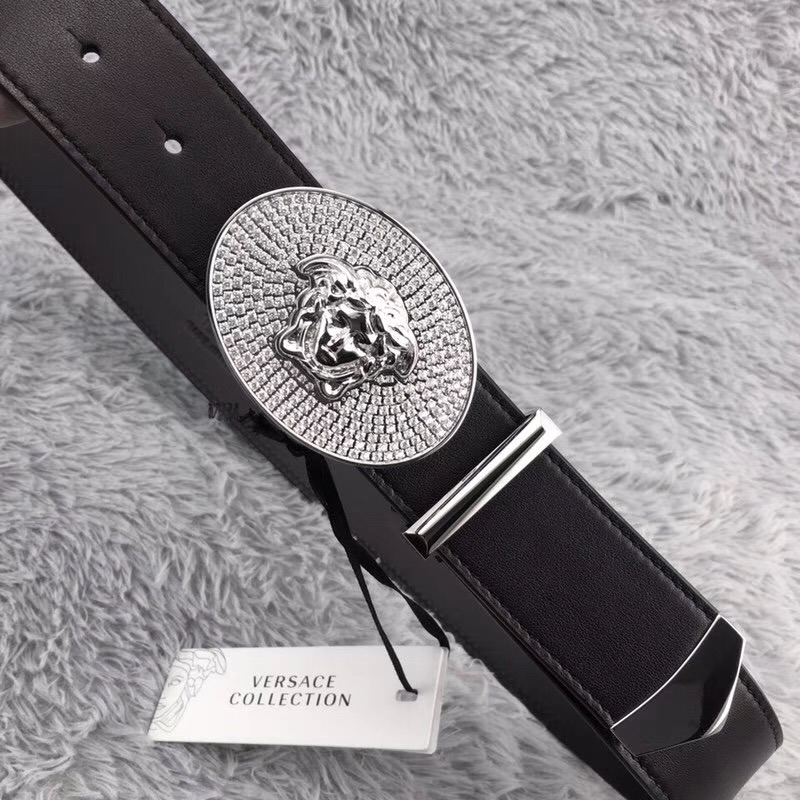 Versace Crystal Medusa Head Leather Belt in Silver Buckle