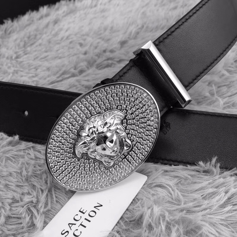 Versace Crystal Medusa Head Leather Belt in Silver Buckle