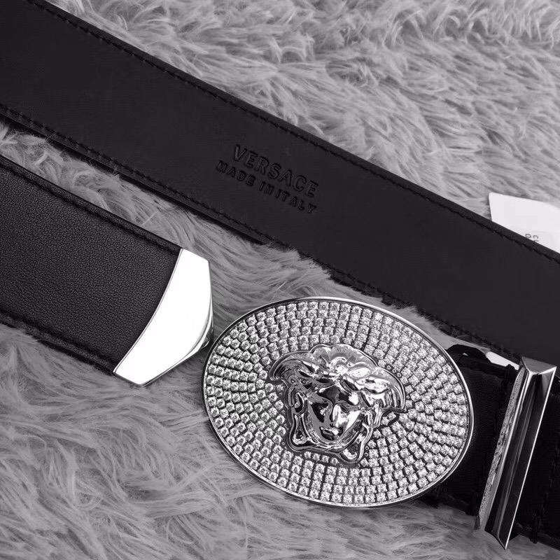 Versace Crystal Medusa Head Leather Belt in Silver Buckle