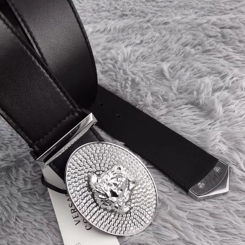 Versace Crystal Medusa Head Leather Belt in Silver Buckle