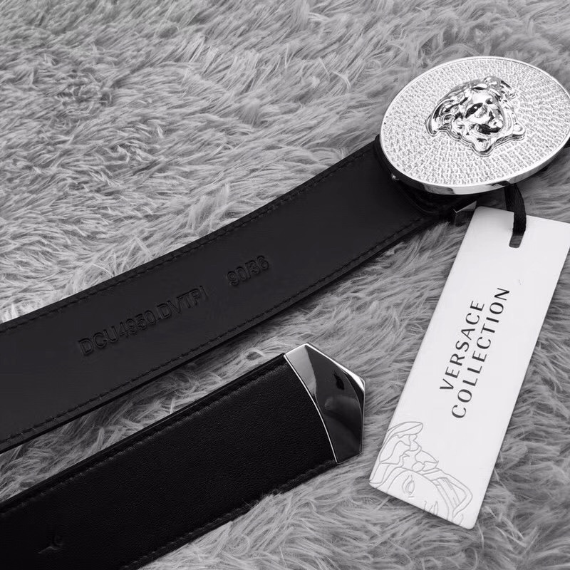 Versace Crystal Medusa Head Leather Belt in Silver Buckle