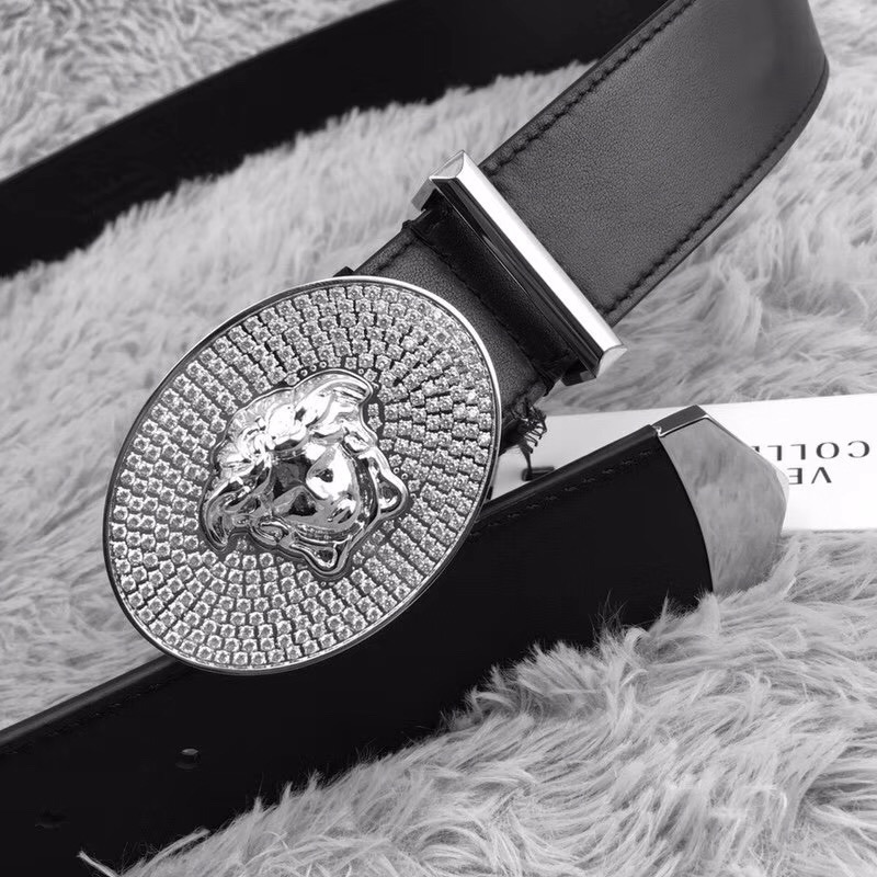 Versace Crystal Medusa Head Leather Belt in Silver Buckle