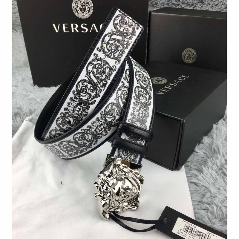 Versace Barocco Print Palazzo Belt with Silver Buckle