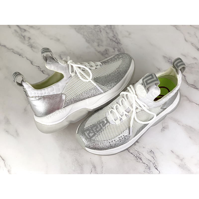 Versace Cross Chainer Sneakers in White/Silver