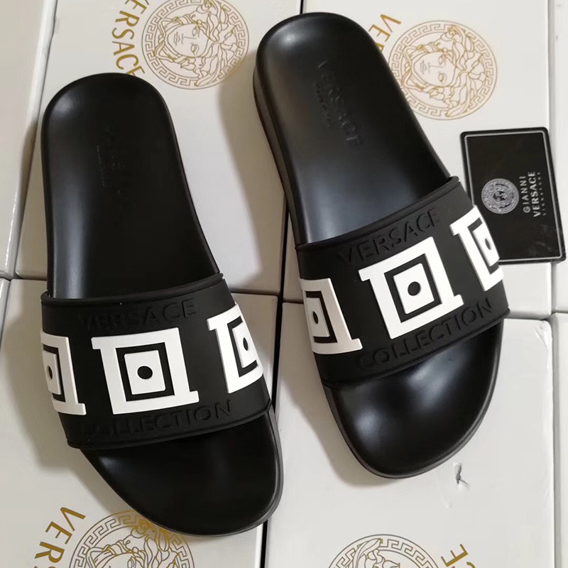 Versace Greek Key Pool Slides in Black/White