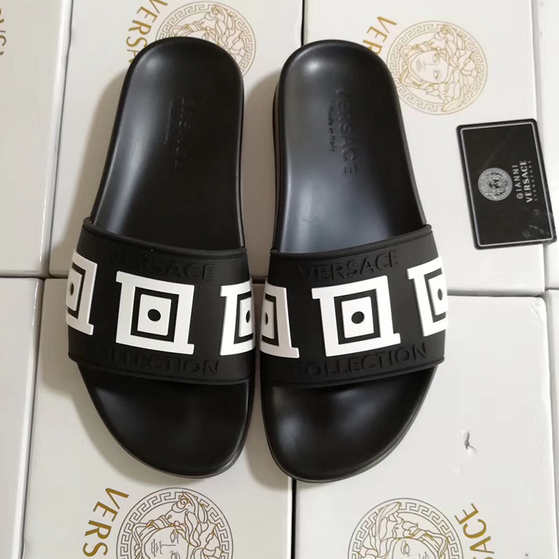 Versace Greek Key Pool Slides in Black/White