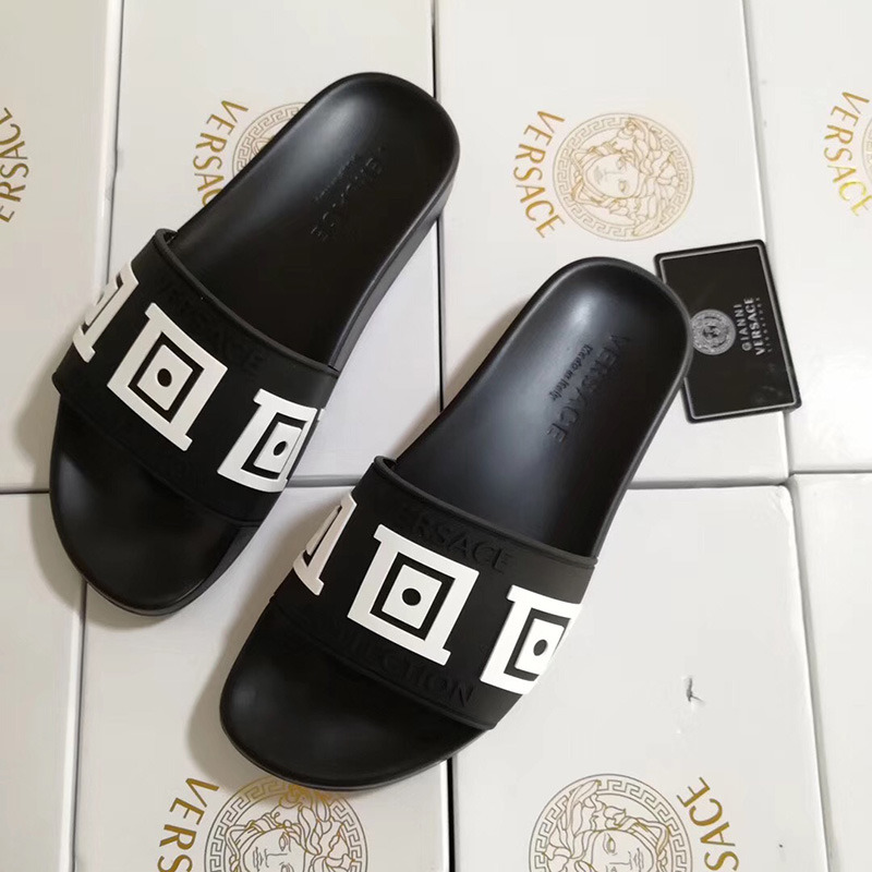 Versace Greek Key Pool Slides in Black/White