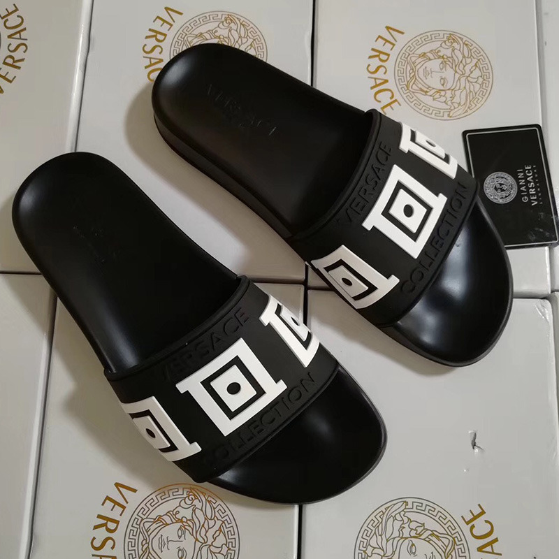 Versace Greek Key Pool Slides in Black/White