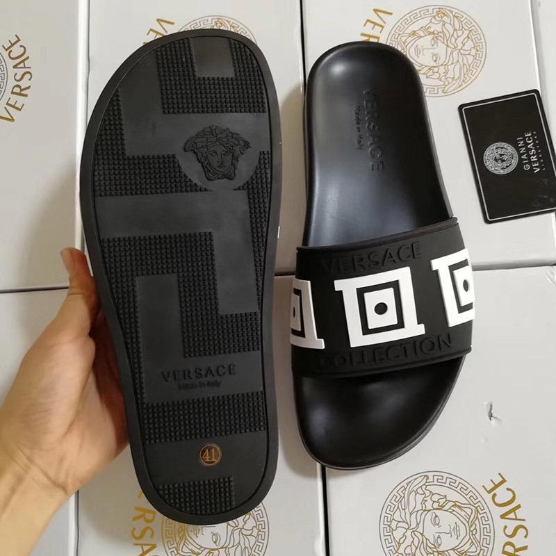 Versace Greek Key Pool Slides in Black/White