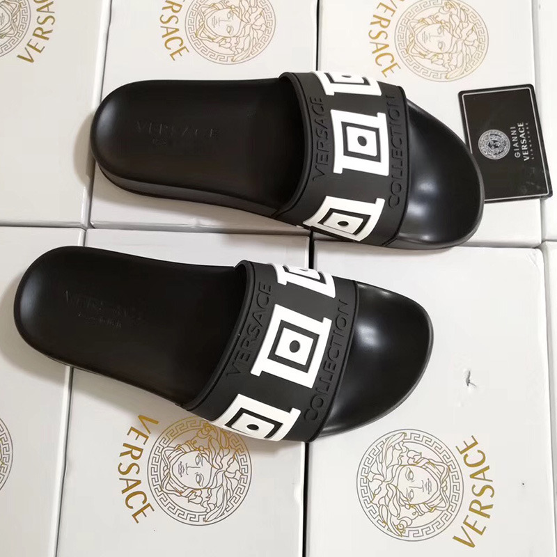 Versace Greek Key Pool Slides in Black/White