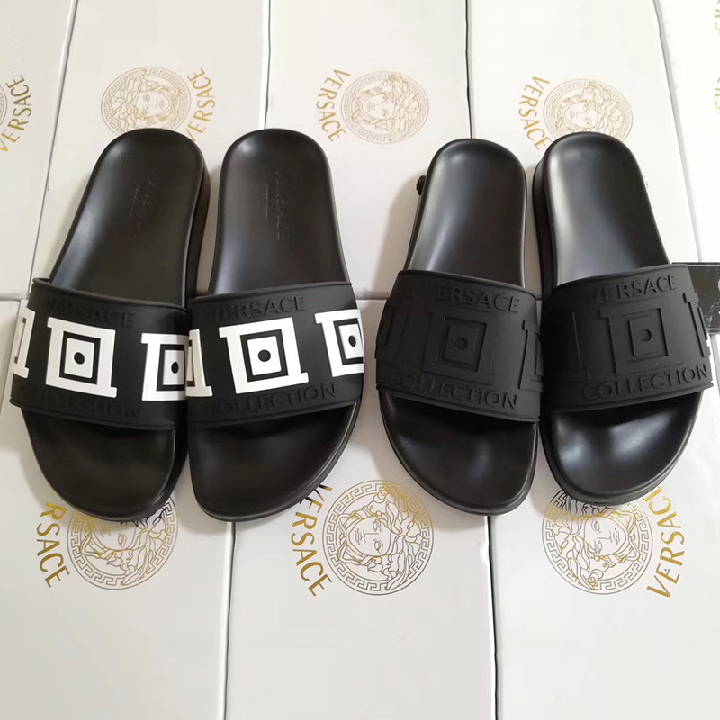 Versace Greek Key Pool Slides in Black/White