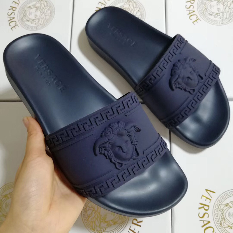 Versace Palazzo Pool Slides in Dark Blue