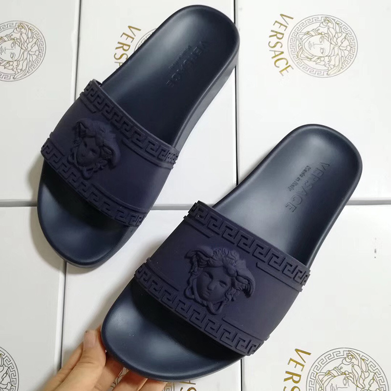 Versace Palazzo Pool Slides in Dark Blue