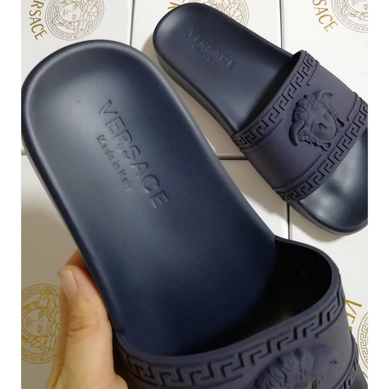 Versace Palazzo Pool Slides in Dark Blue