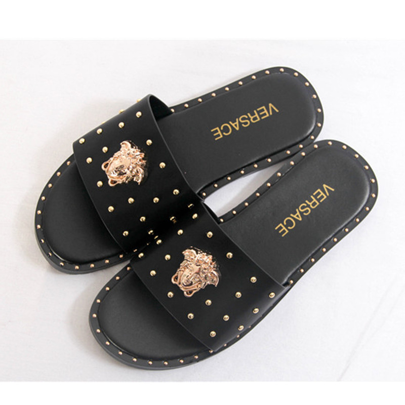 Versace Medusa Head Studded Surrounded Mens Black Slippers