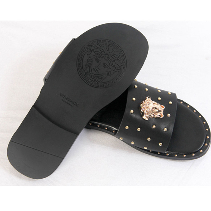 Versace Medusa Head Studded Surrounded Mens Black Slippers