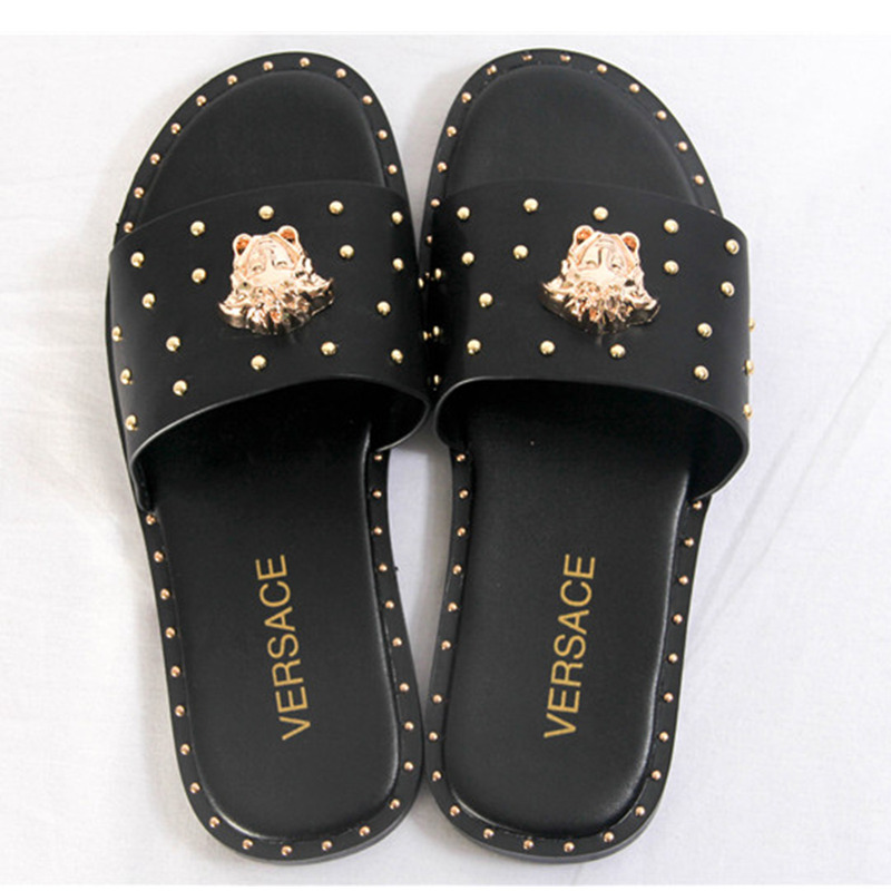 Versace Medusa Head Studded Surrounded Mens Black Slippers